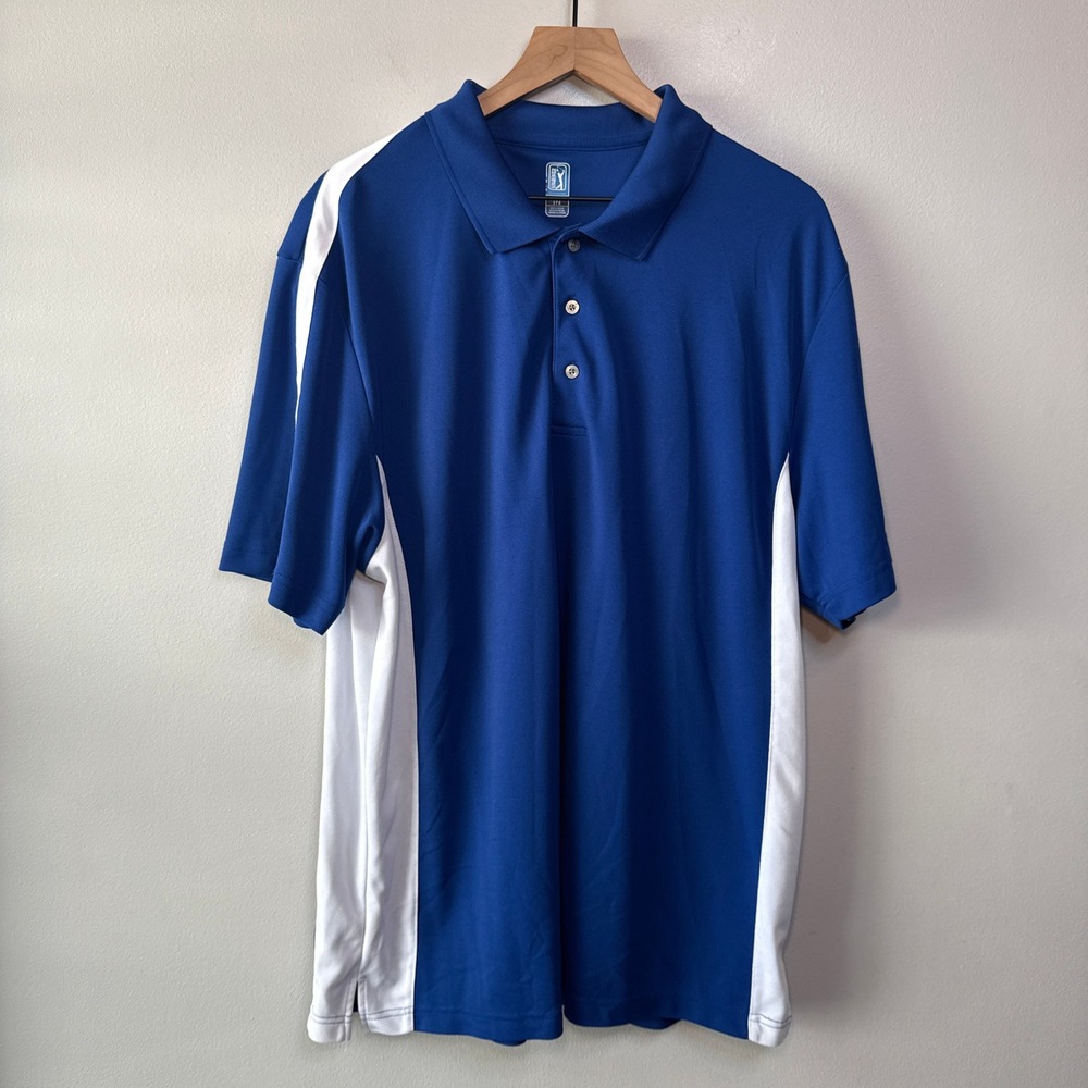 PGA Tour Men's Blue White Colorblock Performance Golf Polo Shirt Size XXL